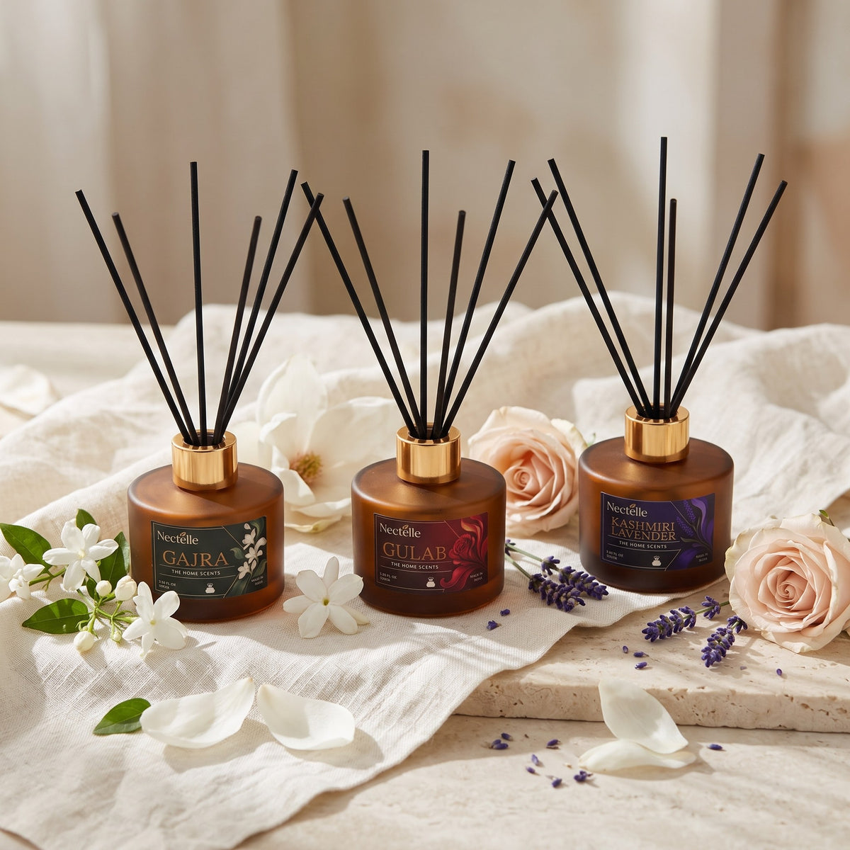 The three diffusers with jasmine, roses and lavender