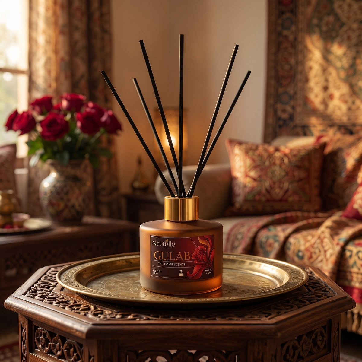 Gulab on a brass tray in a warm living room